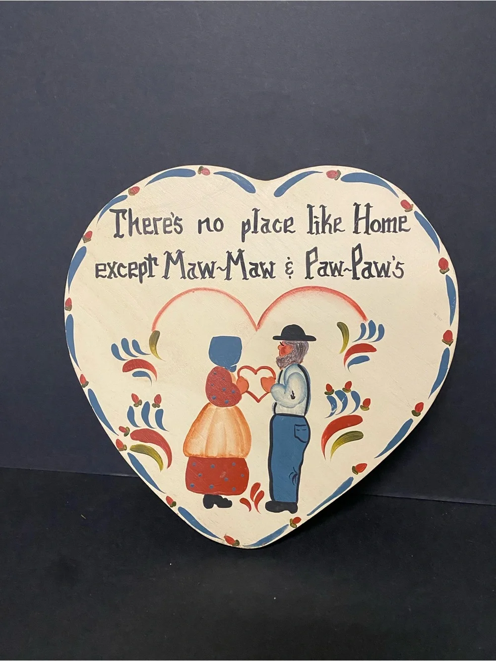 Heart-Shaped Folk Art Wall Sign in Cream, Blue and Red